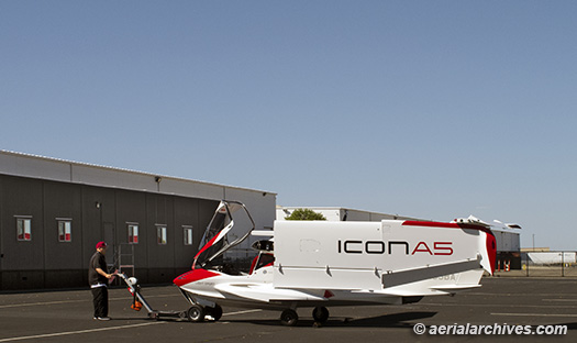 ICON A5 aircraft with folded wings at headquarters